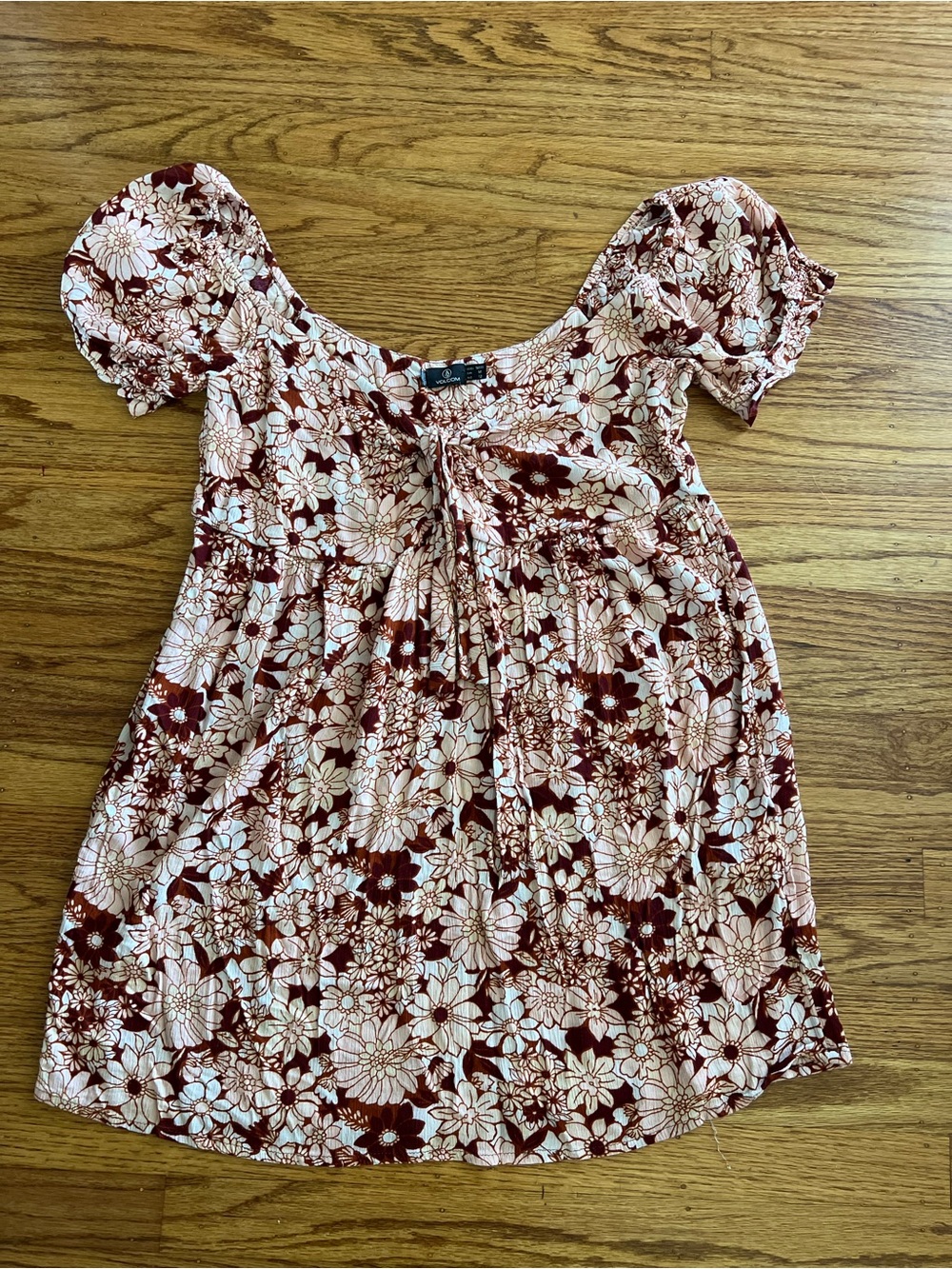 Volcom Floral Tie-Front Babydoll- Burgundy and Cream